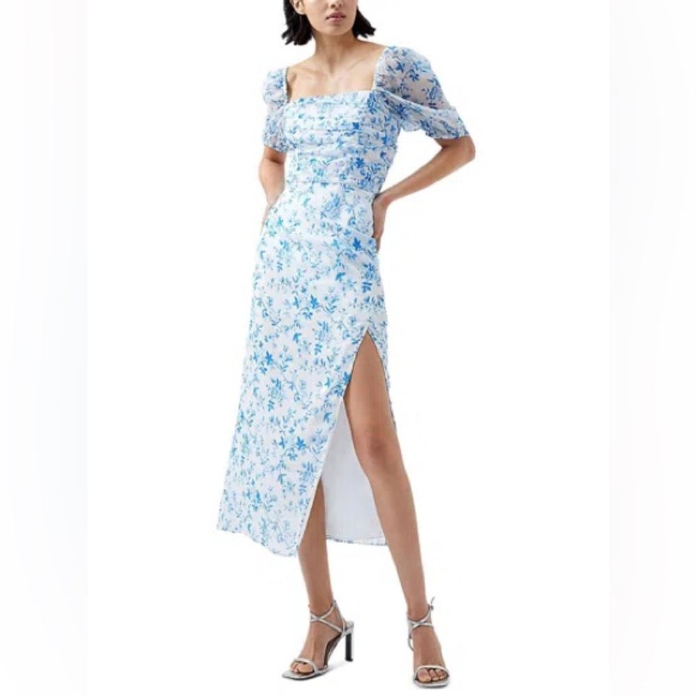 🩵 French Connection Blue & White Floral Smocked Midi Dress • Puff Sleeve • NWT